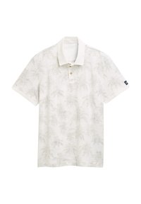 Camisa polo en tono crema claro con patrón de palmeras, mangas cortas, cuello acanalado y un sutil detalle de botones. Tejido suave y transpirable.