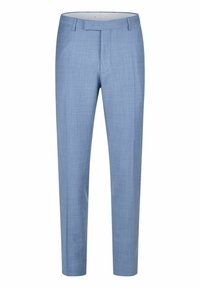 Hellblaue Hosen aus strukturiertem Stoff, mit taillierter Passform, geraden Beinen und flachem Design. Keine sichtbaren Taschen oder Verzierungen.