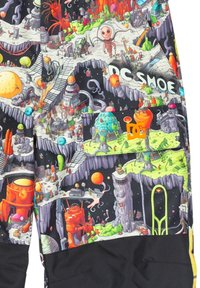 Bunte, gemusterte Schneehosen mit einem Weltraumthema, die Illustrationen von Planeten, Aliens und Strukturen zeigen. Hergestellt aus strapazierfähigem Stoff, mit schwarzen Akzenten.