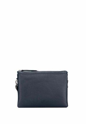 Pochette rettangolare in pelle blu scuro con cerniera sulla parte superiore e piccolo logo in rilievo centrato in basso.