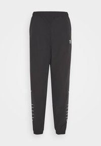 Pantalones deportivos negros con cinturilla elástica, con un logotipo blanco y acentos en línea diagonal a los lados. Hechos de material ligero.