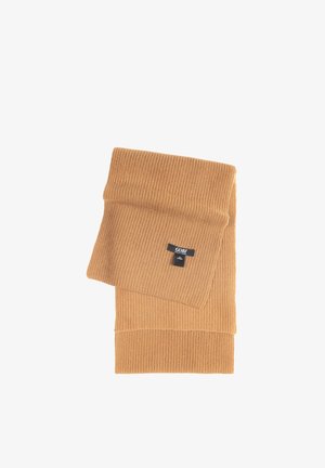 Tan gerippter Strickschal, gefaltet, mit einem schwarzen Stoffetikett mit der Aufschrift "GOBI 100 % Kaschmir".