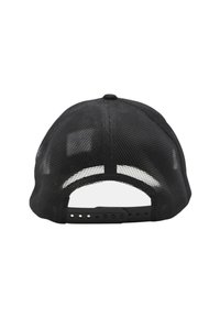Casquette de baseball noire en mesh avec une sangle ajustable en plastique, au dos arrondi et sans logos ni ornements visibles.