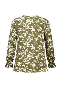 Blouse vert olive avec un motif floral blanc, manches longues avec des poignets froncés, encolure ronde et finition en tissu texturé.