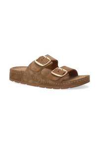 Brune ruskind slide-sandaler har to brede remme med guldspænder, en polstret sål og en tekstureret gummisål for godt greb.