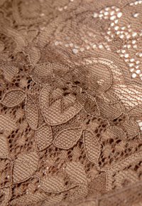 Brun spetstyg med blommönster och bladmönster, med intrikat textur och öppna vävningar, slät yta och delikat detaljer.