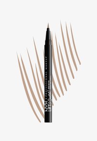 Czarny długopis do makijażu brwi z cienką końcówką i jasnobrązowymi kreskami na białym tle, oznaczony NYX Professional Makeup Lift & Snatch.
