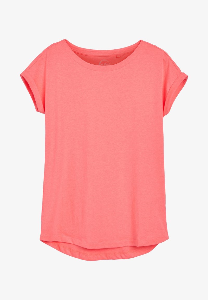 T-shirt rose corail à manches courtes avec revers de manches roulés et col rond, en tissu doux et léger.