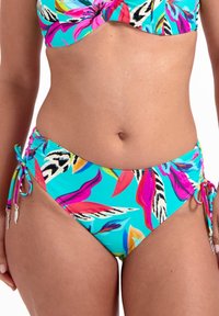 Jasnoniebieskie bikini z tropikalnymi liśćmi w różowym, żółtym i czarnym kolorze. Posiada regulowane boczne wiązania z małymi srebrnymi akcentami.