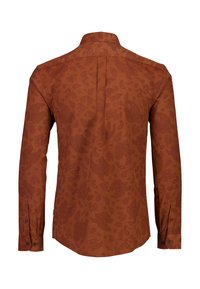 Bruin overhemd met lange mouwen en een subtiel paisleypatroon. Bevat een puntkraag en knoopmanchetten. Glad textuur, klassieke pasvorm.