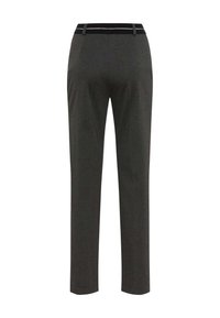 Pantaloni grigi slim fit, realizzati in tessuto morbido. Presentano una vita nera con dettagli bianchi e un design pulito e privo di decorazioni.