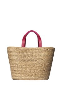 Borsa tote intrecciata in paglia con una forma rettangolare ampia, caratterizzata da manici in pelle rosa e una superficie testurizzata.