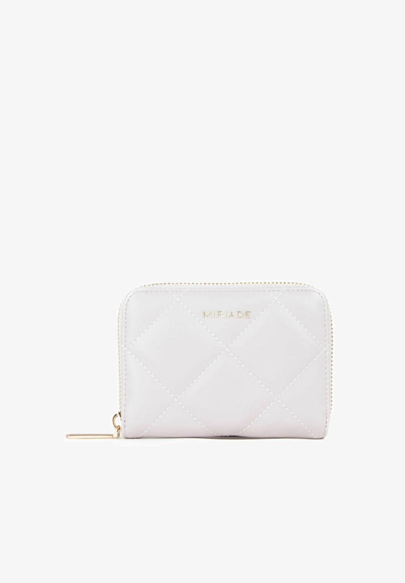 Quilted white wallet made of synthetic leather with gold-tone zipper and embossed brand name. Compact design suitable for cards and coins.