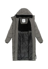 Lång grå pufferjacka med huva, med en mjuk svart foder och en slät svart insida. Främre dragkedja med tryckknappar; ribbade muddar.