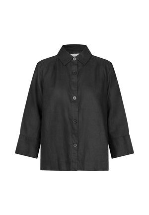Schwarzes langärmeliges Hemd mit Knöpfen, Kragen und gekrempelten Ärmeln, aus leichtem Stoff gefertigt.