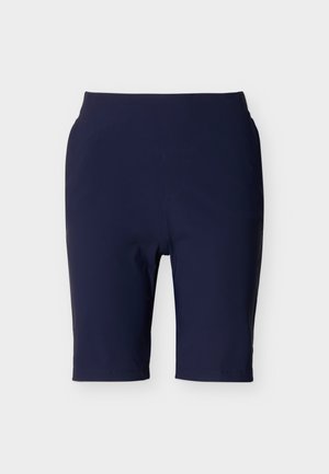 Tengerészkék, középhosszúságú, combközépig érő, testhezálló rövidnadrág sima felülettel, látható logók vagy minták nélkül.