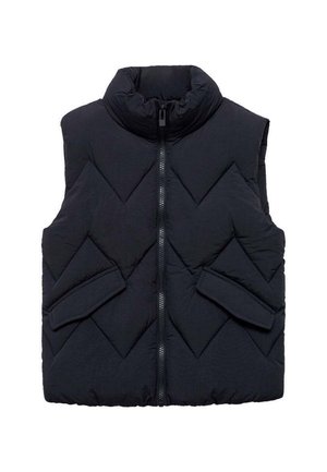 Sort polstret ærmeløs vest med høj krave, lynlås foran og to skrå klaplommer.