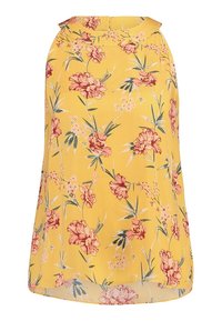 Yellow sleeveless blouse with floral print in pink and green. Soft fabric, rounded neckline, and flowy design with a slightly curved hem.