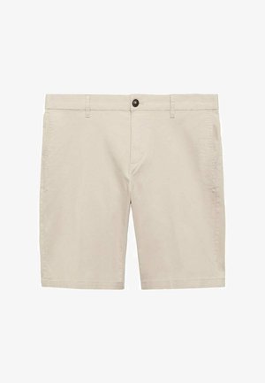 Shorts en coton beige avec une texture lisse, dotés d'une fermeture à bouton, de deux poches latérales et d'une coupe droite.