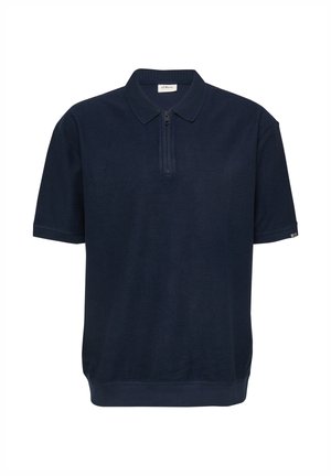 Marineblaues Poloshirt mit kurzen Ärmeln, einem Viertel-Reißverschluss am Kragen und einem gerippten Saum, aus strukturiertem Stoff.