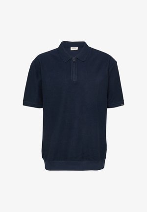 Marineblaues Poloshirt mit kurzen Ärmeln, einem Viertel-Reißverschluss am Kragen und einem gerippten Saum, aus strukturiertem Stoff.