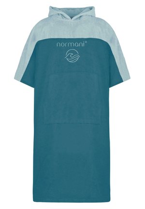 Tropfner Poncho mit hellblauem Einsatz, Kapuze und Fronttasche. Weiche Textur, lässiges Design mit Markenlogo und Wellenmotiv auf der Brust.