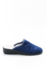 Pantofole blu con una texture in velluto floreale, morbida fodera bianca, punta arrotondata e suola nera in gomma. Senza retro per una facile calzata.