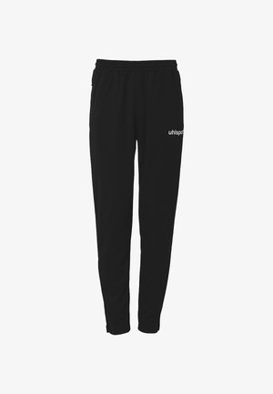 Zwarte joggingbroek met een elastische tailleband, taps toelopende benen en een wit "uhlsport" logo aan de voorkant, gemaakt van zachte stof. Rekbaar en lichtgewicht.