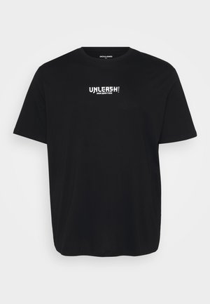 Schwarzes Baumwoll-T-Shirt mit Rundhalsausschnitt, kurzen Ärmeln und einem weißen Frontdesign mit dem Text "ENTFESSEL DEINEN INNEREN TIGER."