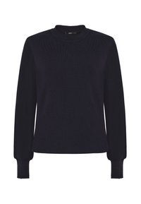 Pull en maille bleu marine avec manches longues bouffantes et poignets côtelés, doté d'un col rond et d'un ourlet droit.