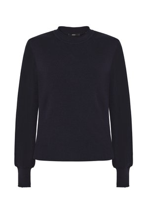 Pull en maille bleu marine avec manches longues bouffantes et poignets côtelés, doté d'un col rond et d'un ourlet droit.