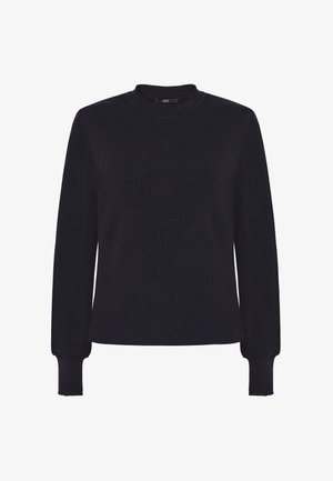 Marineblauer Strickpullover mit langen, gepufften Ärmeln und gerippten Bündchen, ausgestattet mit einem runden Ausschnitt und einem geraden Saum.