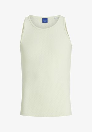 Hellgrünes ärmelloses Tanktop mit strukturiertem, geripptem Muster. Verfügt über einen runden Ausschnitt und einen geraden Saum für eine klassische Passform.