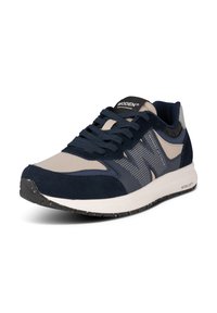 Navy blue sneaker with gray suede and mesh detailing, padded collar, and white speckled sole. Features laces and side branding.