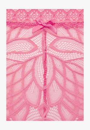 Rosa Spitzenstoff mit blattähnlichen Mustern, gewelltem Rand und einer kleinen Satinschleife oben in der Mitte.