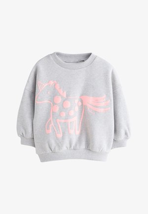 Lysegrå langærmet sweatshirt med ribkanter ved ærmer og kant, med en stor pink tegneserieenhjørning med pletter på fronten.