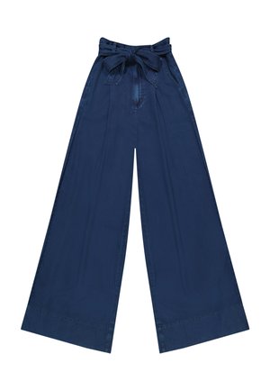Pantalon large bleu marine à taille haute, ceinture en tissu nouée en nœud, et poches avant, présenté sur un fond blanc.