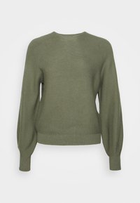 Pull olive avec des manches longues légèrement bouffantes. Matériau en tricot texturé et poignets et ourlet côtelés. Encolure ronde, coupe décontractée.