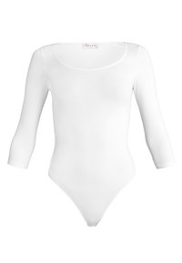 Body blanc à manches longues avec un décolleté dégagé et une coupe ajustée. Texture lisse et design sans coutures, avec une coupe brésilienne au bas.
