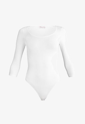 Fehér, hosszú ujjú bodysuit, kerek nyakkivágással és szűk fazonnal. Simma textúra és varrás nélküli dizájn, alsó részén tangás kivágással.