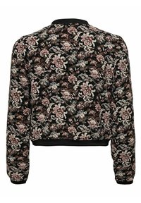  bomber jacket noire à fleurs avec des fleurs brodées roses et crème, poignets et ourlet côtelés, tissu texturé, design court.