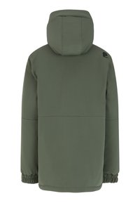 Veste à capuche verte avec des poignets élastiques, texture lisse et couture sur la poitrine. Présente un logo noir sur l'épaule gauche. Vue de dos.