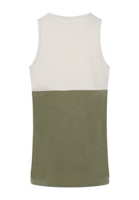 Sleeveless tank top featuring a color-block design with a cream upper section and olive green lower section. Soft cotton material, crew neck.
