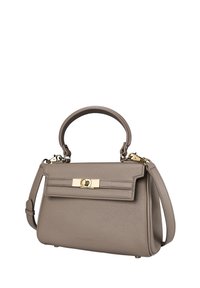 Borsa in pelle color taupe con un design strutturato, manico superiore, tracolla rimovibile e hardware dorato sulla parte anteriore.