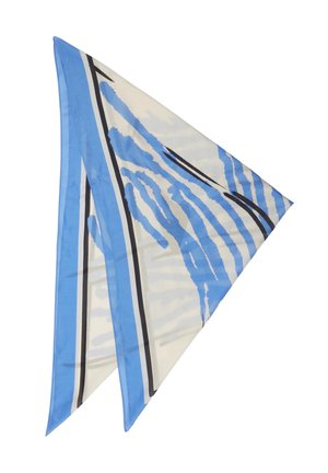 Dreieckiges Seidentuch mit blauen und schwarzen abstrakten Streifen auf cremefarbenem Hintergrund und einem einfarbigen blauen Rand.