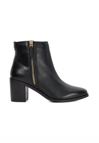 Black leather ankle boot with a pointed toe and gold zipper detail on the outer side, featuring a chunky heel and smooth texture.
