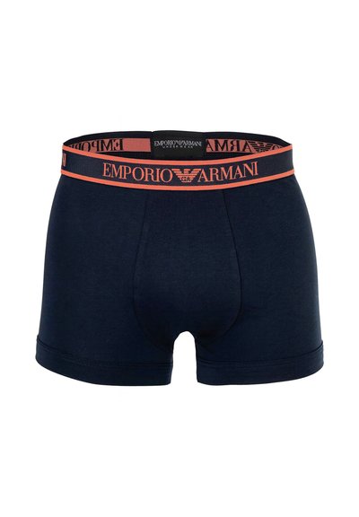 Boxer da uomo blu navy con fascia in vita arancione brandizzata Emporio Armani, cuciture sagomate anteriori e lunghezza a metà coscia.