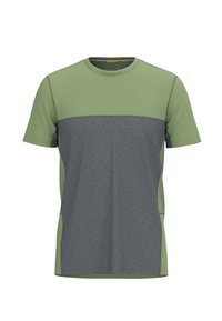 Kortärmad T-shirt med en grön övre del och en grå nedre del. Tillverkad av mjukt, andningsbart material med sidopanelaccent.