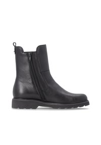 Black leather ankle boot with side zipper, pull tab at the back, low heel, and rugged sole, shown in a side profile against a white background.