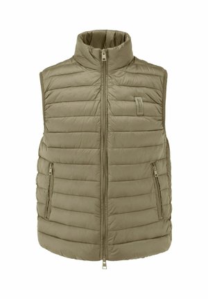 Gilet imbottito senza maniche verde oliva con trapuntatura orizzontale, chiusura frontale con zip, due tasche con zip e una piccola toppa con logo in tessuto sul petto.